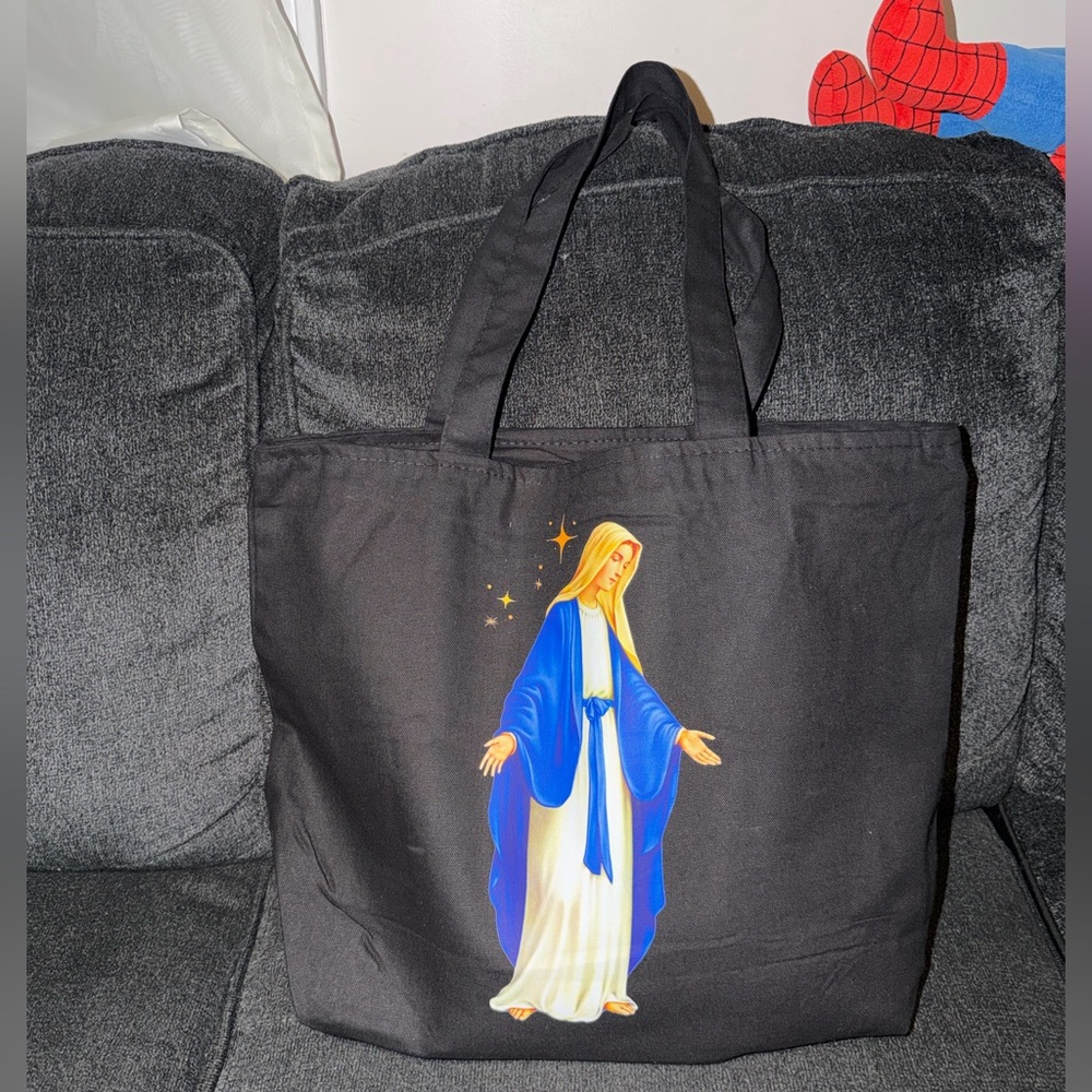 Large Black Tote Bag with Mary on it